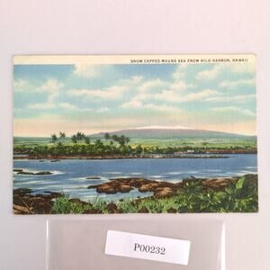 Vintage Snow Capped Mauna Kea Hawaii Linen Postcard 1930s Hilo Harbor